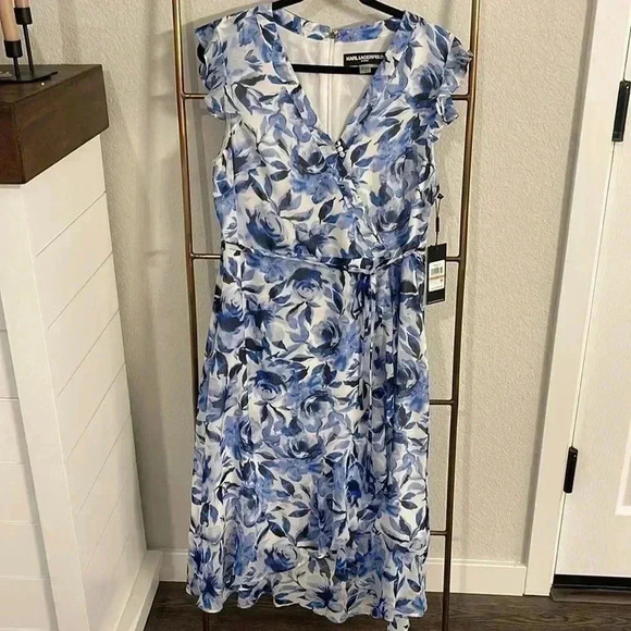 NWT Karl Lagerfeld Paris Blue Floral Dress - Picture 1 of 7